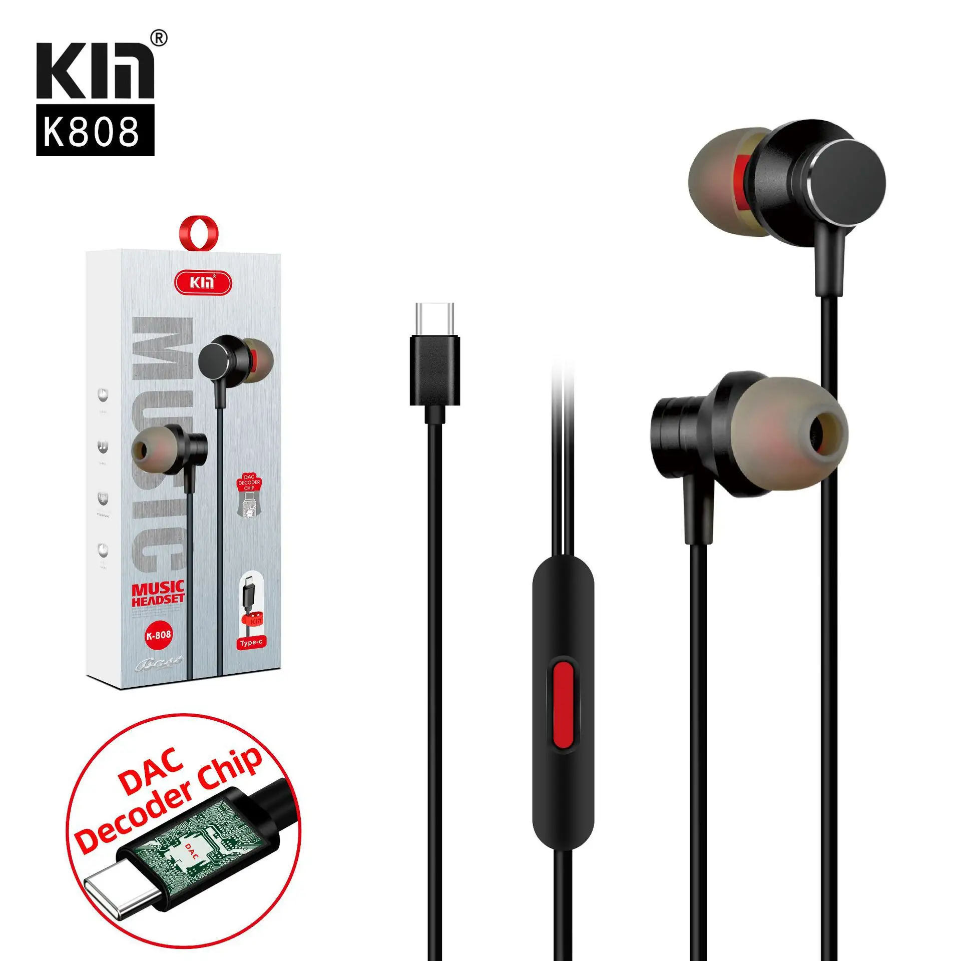 KIN china Factory TYPE-C Digital Decoder Chip Universal Metal Direct Insert IC Line Control with Mic TPE In Ear Phone Earphones