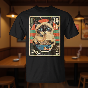 T-shirt promotionnel Kawaii Anime NS avec chat siamois mangeant des nouilles ramen, motif culturel japonais de la bande dessinée sur le thème des chats - Product Image 3