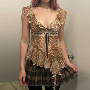 T-shirt asymétrique d'été en maille à imprimé fauve avec ourlet à volants, col en V sexy et design à nouer, haut chic et tendance - Product Image 2