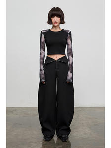 2024 New Arrival Cintura Alta Esfregando Design Nicho Solto Casual Calças Wide-leg Preto - Product Image 3