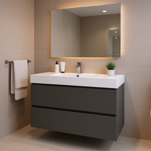 Meuble-lavabo mural gris Alice de 36 pouces, design moderne, grand rangement, lavabo blanc avec robinet - Product Image 2