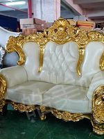 Ensemble de canapés de luxe en chêne massif sculpté style français/européen avec feuille d'or pour villa, 1 pièce de salon, configuration simple, double ou trois places