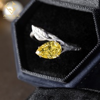 Bague de fiançailles en diamant certifié IGI, diamant fantaisie jaune taille poire cultivé en laboratoire, bande en argent S925 motif feuille, cadeau d'anniversaire pour elle