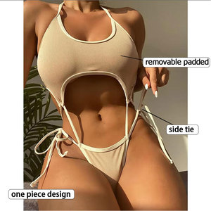 Women's Ribbed Halter Neck One Piece <strong>Swimsuit</strong> Cutout High Cut Swimwear ODM - Product Image 2