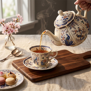 New Chinese Style <b>Ceramic</b> Tea Set - Blue Peacock Floral <b>Teapot</b> Cup and Saucer Set - Product Image 3