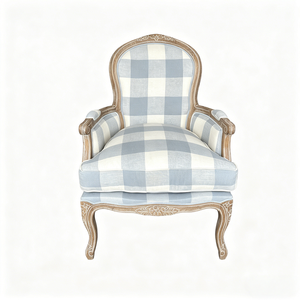 French Modern Accent Chair 2 Back Options Hand-Carved Solid <b>Oak</b> <b>Frame</b> 100% Blue Check Linen Upholstered Armchair Living Room - Product Image 1