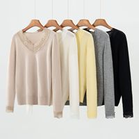 Pull en cachemire 100% à col en V, pull tricoté à bordure en dentelle pour femme, pull décontracté chaud, pull