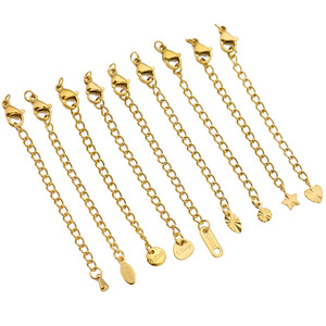 Chaînes d'extension en acier inoxydable plaqué or 18 carats en forme de cœur pour colliers et bracelets, avec fermoir mousqueton et diverses attaches de finition - Vente en gros - Product Image 1