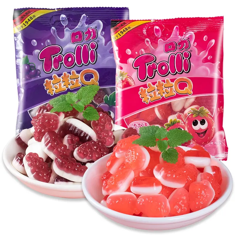 Wholesale Fruity Gummy Candy 60g Sweet & Sour Strawberry Grape Flavor Fruit Shape Exotic Snacks Packaged in Bags