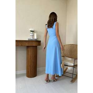 Robe de soirée longue en satin bleu ciel en gros, robe de bal, ceinture, taille empire crochetée, style de fête, taille XS, longueur au sol, bal de promo - Product Image 1