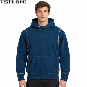 Cut And Sew Snap Button Collar Hoodie <b>Men</b> <b>Navy</b> Workwear Contrast Stitch Exposed Seam Multi Color Streetwear Y2K Wholesale Bulk - Product Image 1