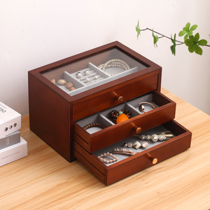 Boîte à bijoux rectangulaire multicouche en bois sculpté, de luxe moderne haut de gamme, style INS, petite boîte de rangement multifonction exquise pour la maison - Product Image 2