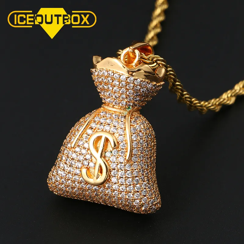 Hiphop Gold Dollar Teken Geldzak Hanger Ketting Ijskoude Heren Cz Diamant Dubbelzijdige Doos Ketting Mode Sieraden