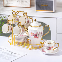 Service à thé en céramique floral 2026 Europe pour la maison, tasses à café dorées, assiette à goûter, théière, coffret cadeau pour fête