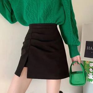 กระโปรงไหมพรมไซส์ใหญ่สำหรับสาวอวบ ทรงเอ สไตล์ฤดูใบไม้ร่วง-ฤดูหนาว ผ่าข้าง เอวสูง จับจีบ กระโปรงทรงเอไลน์ - Product Image 4