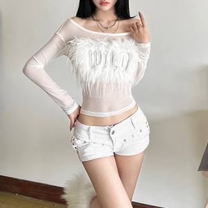Long Sleeved <strong>Patchwork</strong> Mesh See Through <strong>Tops</strong> for Women - Product Image 3