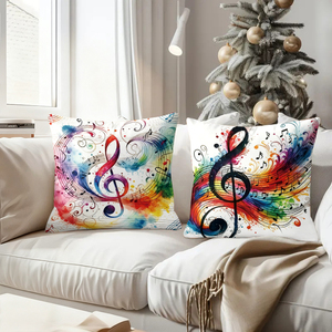 Colorful musical note throw pillows decorate cozy living room with festive holiday stockings and reindeer antlers - Product Image 4