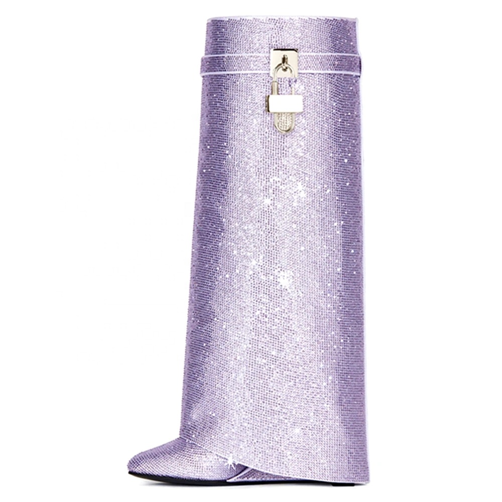 Mulheres Joelho Alta Tubarão Metal Bloqueio Decoração Botas Dobre Cunhas De Salto Alto Completo Diamantes Sapatos Slip-On Apontado Toe Overlay Botas Longas