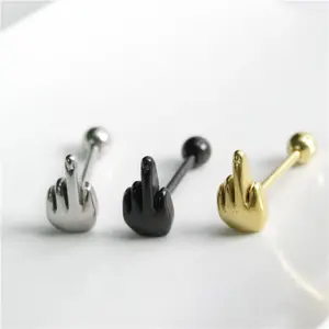 316l Surgical Steel 14G Middle Finger Gesture Tongue Barbell Stud Piercing Rings Body Jewelry Punk Piercing Rings