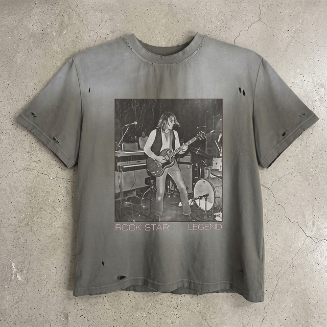 TOPSHOW 100% Cotton Washed Grey Graphic Tee Men Summer Retro Rock Band Printed Distressed Short Sleeve Casual Oversized T-shirt
