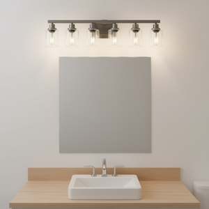 Luminaire de salle de bain moderne à 6 lumières, 37 pouces, finition nickel brossé avec abat-jour en verre transparent, éclairage pour zone de toilette (sans ampoules) - Product Image 2