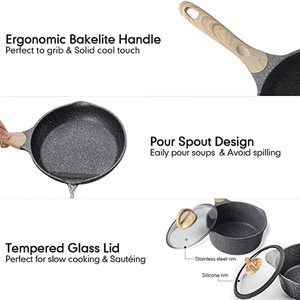 JEETEE Série Marbre 6 pièces Ensemble de casseroles et de plats de style allemand en aluminium moulé sous pression antiadhésif Induction avec couvercle en silicone - Product Image 2