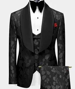 定制经典婚礼男士套装黑色燕尾服-3件套搭配长裤提花男士套装