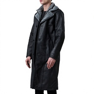 Abrigo Largo de Cuero Genuino para Hombre con Capucha, Solapa con Muescas, Cierre de Botón Sencillo, Grueso para Invierno - Product Image 3