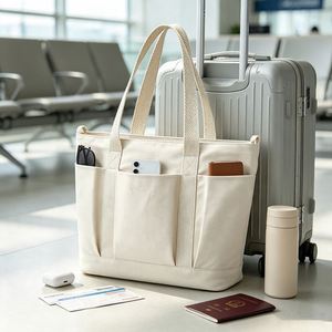 Sac fourre-tout en toile personnalisé avec poches extérieures, grande capacité, compartiment pour ordinateur portable, bretelles réglables, tissu durable, pour le travail et les voyages - Product Image 1