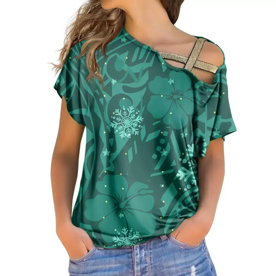 Dropshipping Hawaii Polynesian flowers print women loose t shirts sexy green cold shoulder tops custom off shoulder blouse 1 MOQ