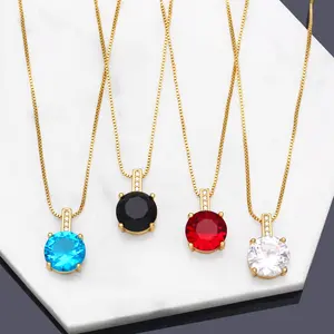 Simple Jewellery 9 Colors Four-claw Round Diamond Necklace Handmade Jewelry 18K Gold Plated CZ Stone Necklace For Women