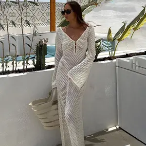 Women See Through Knit Long Dress Sexy V Neck Hollow Out Backless Maxi Dress Beach Bikini Coverup Dresses