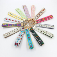 Nouveau porte-clés en tissu jacquard, sangle courte en polyester avec dentelle, pendentif de sac DIY, vente en gros