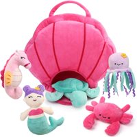 Ensemble de jouets en peluche animaux marins sirène, 5 mini-poupées océaniques avec sac de rangement portable en coquillage rose pour chiens et chats