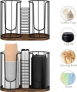 Organizador de Tazas y Tapas de <span class=keywords><strong>Caf</strong></span>é de 3 Compartimentos con Base de Madera, Dispensador de Metal Negro Vintage para Barra, Mostrador u Oficina - Product Image 3