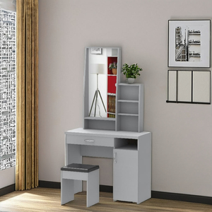 Furnizone Model 1502 Modern Light Grey <b>Dressing</b> <b>Table</b> <b>Vanity</b> Set With <b>Mirror</b> Storage Shelf Stool For Bedroom Apartment Can OEM - Product Image 1