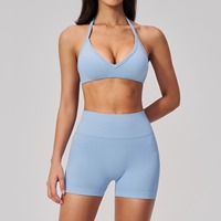 Set Yoga Halter Neck Seamless Wanita, Tanpa Punggung, Angkat Bokong, Kontrol Perut, Set Pakaian Olahraga Pilates