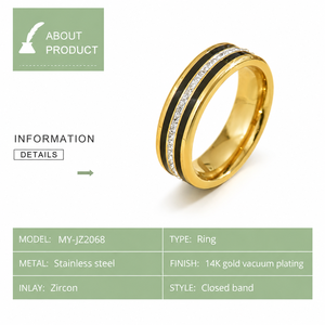Anillo de Zirconia con Detalles Negros, Acero Inoxidable, Chapado en Oro de 14K al Vacío, Joyería con Banda de Zirconia - Product Image 2