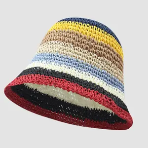 F-1207 new popular 2023 boho beach hats custom women lady rainbow stripe straw hat sunscreen bucket hat supplier