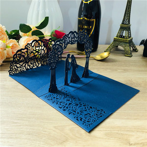 Cartes d'invitations de mariage de mariée <span class=keywords><strong>et</strong></span> de marié bleu pêche <span class=keywords><strong>rose</strong></span> clair fard à joues blanc découpé au Laser Invitations personnalisées florales de poche - Product Image 4
