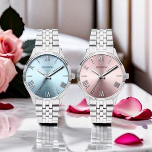 Montre-bracelet analogique de luxe personnalisée avec logo pour hommes et femmes, argentée et rose, avec bracelet en cuir et cadran en verre de 40 mm, style tendance - Product Image 4