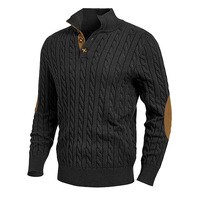 Pull en tricot torsadé pour homme, vert militaire, col montant boutonné, avec empiècements en daim, coupe ajustée, pour l'automne et l'hiver
