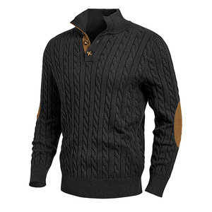 Suéter de Punto Trenzado para Hombre, Color Verde Militar, Cuello Alto con Botones, con Parches de Gamuza, Corte Ajustado, para Otoño e Invierno - Product Image 4