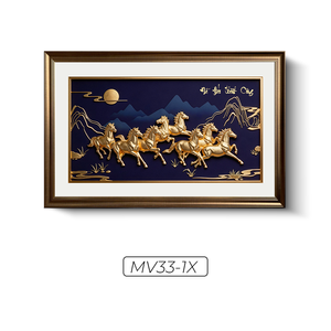 Peinture décorative de luxe sur toile, motif huit chevaux en feuille d'or, fond bleu, vente en gros Vietnam, service OEM ODM - Product Image 1