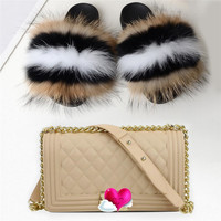 Ensembles de pantoufles en vraie fourrure de renard personnalisées pour femmes, avec sacs à bandoulière en PVC imperméable et pantoufles fourrées tendance