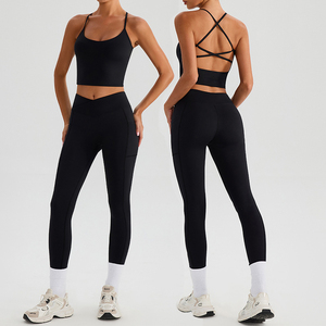 Conjunto Deportivo para Mujer Más Vendido: Camiseta de Manga Corta Estilo Halter con Bolsillos y Leggings para Correr/<span class=keywords><strong>Yoga</strong></span> - Product Image 2