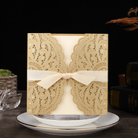 Carte d'invitation de mariage élégante découpée au Laser carte de vœux florale en dentelle personnalisée avec ruban fournitures de fête d'anniversaire de mariage