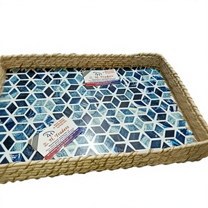 Juego de bandejas decorativas de ratán con incrustaciones de nácar para hoteles, cafeterías y restaurantes de alta cocina - Product Image 1