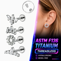 Labret sans filetage en titane ASTM F136 plaqué or 18K PVD, bijoux de piercing pour lèvre, boucles d'oreilles, clous d'oreille tragus en zircon