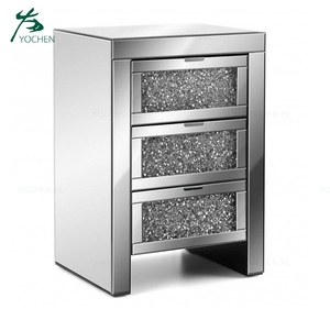 Diamonds Crushed 3 Drawers Glass <strong>Mirrored</strong> Nightstand Bedroom <strong>Bedside</strong> <strong>Cabinet</strong> with Crystal Handles - Product Image 2